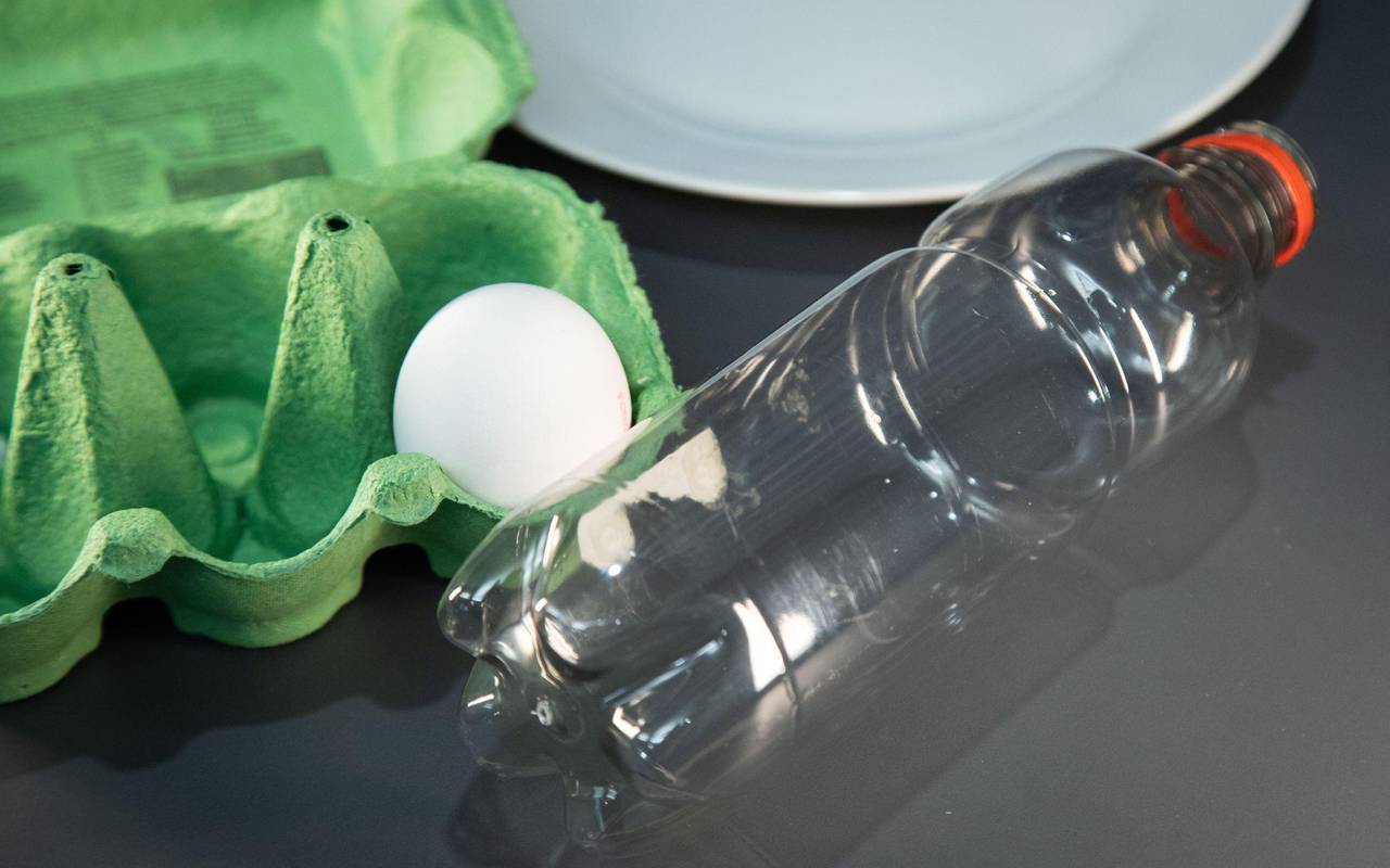 Ein Ei liegt neben einer Plastikflasche
