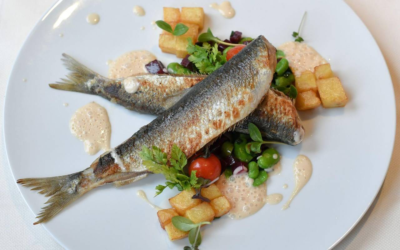 Gebratene Heringe mit Favabohnen und Risoleekartoffeln.