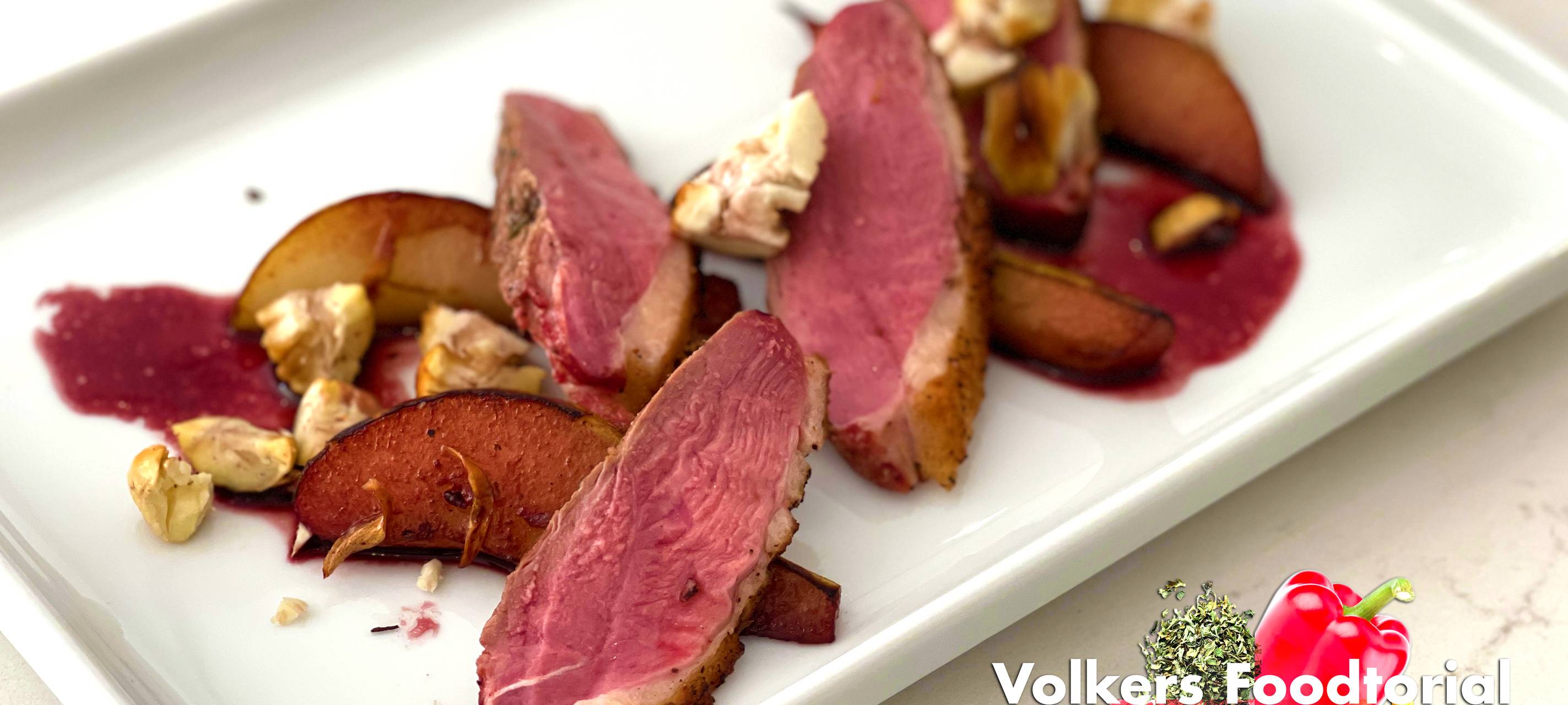 Volkers Foodtorial - Barbarie-Ente mit Birnen an Maronen & Glühwein