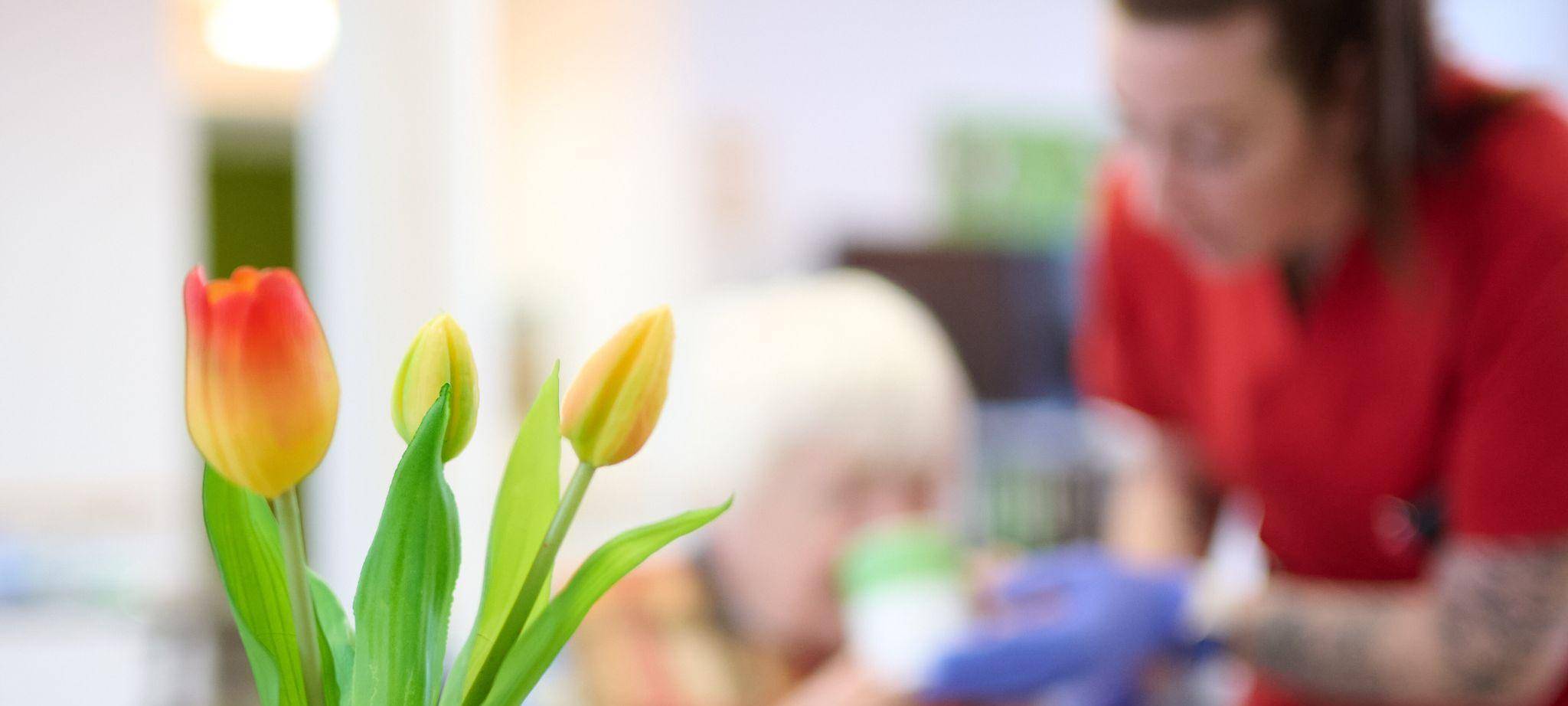 Eine Pflegekraft unterstützt eine Seniorin